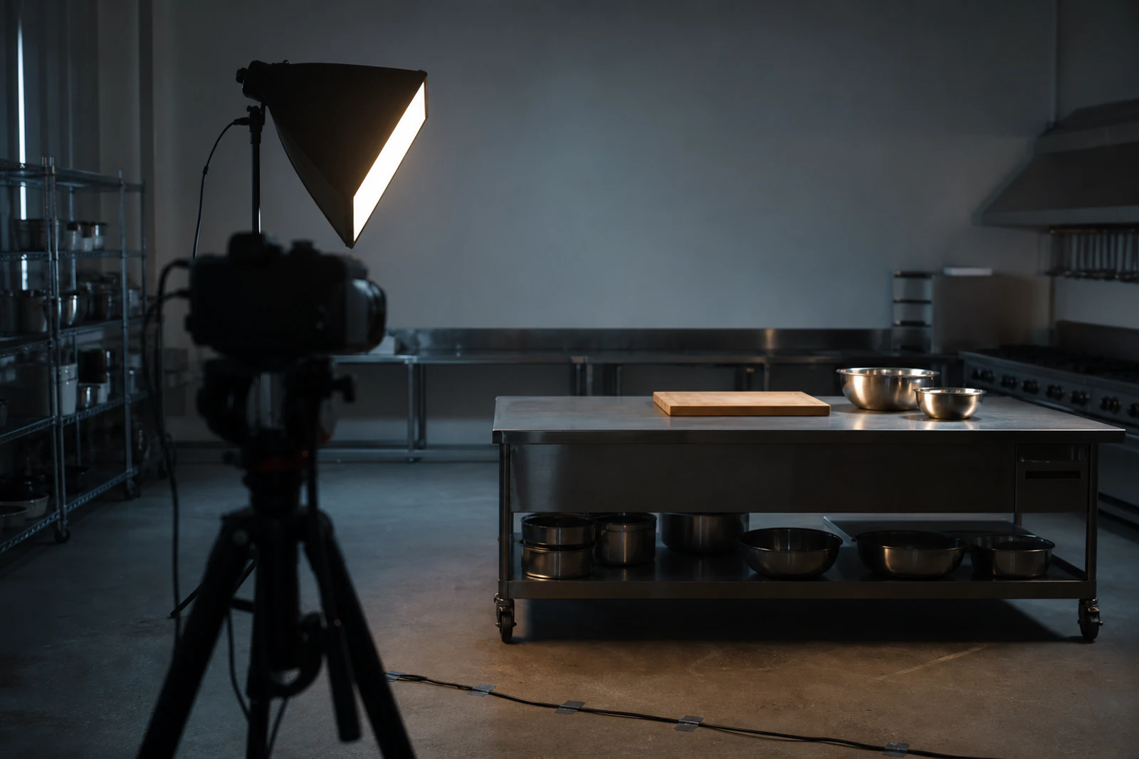 A camera on a tripod films a lit stainless prep station while a KIA lesson is recorded in a commercial kitchen.