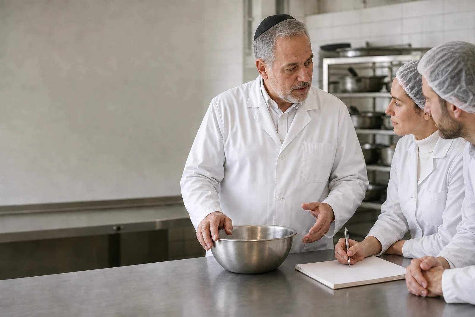 An instructor explains a process to two students across a stainless prep table in a commercial kitchen.