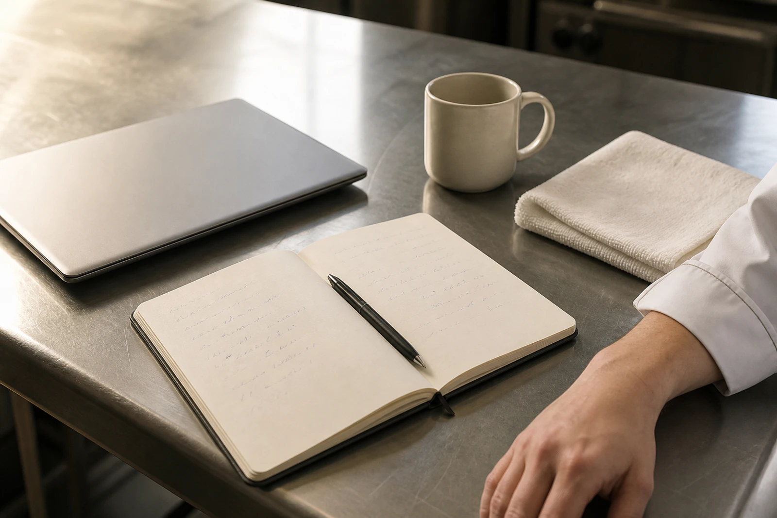 A student's open notebook, closed laptop and coffee cup on a stainless bench in a teaching kitchen.