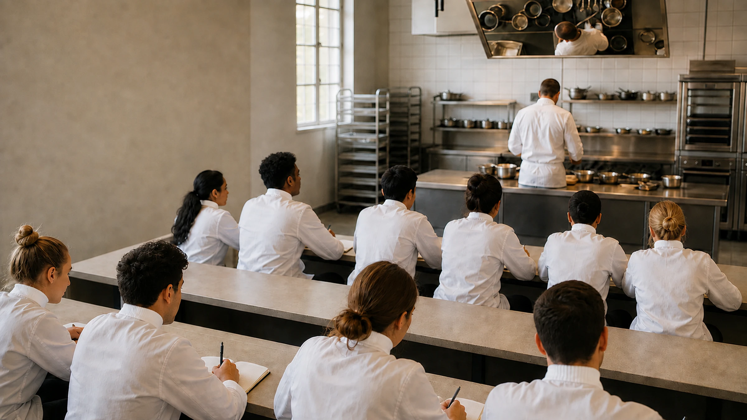 Culinary students take notes at a tiered bench during a demonstration in a culinary school teaching kitchen.