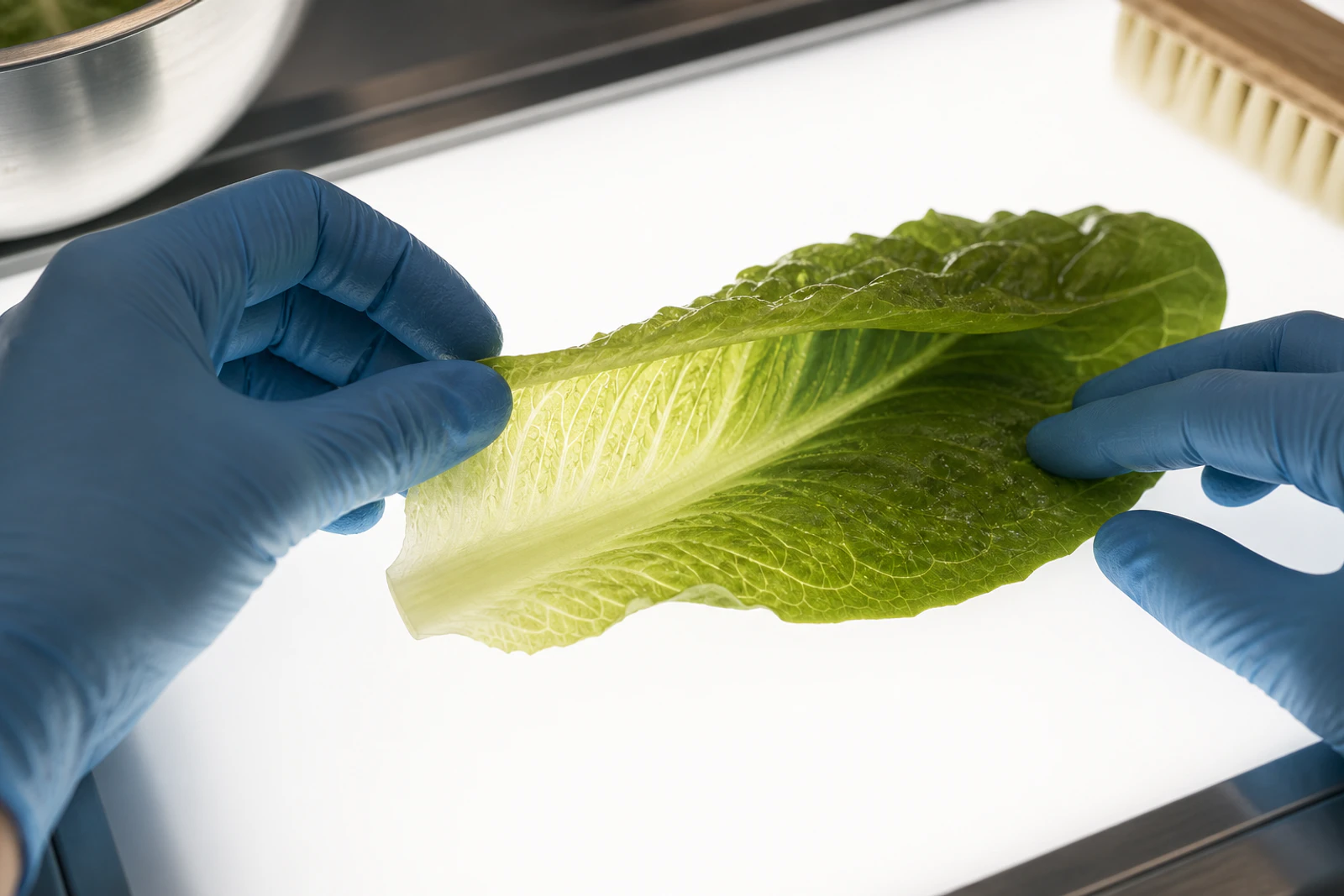 Gloved hands turn a romaine leaf over on a backlit inspection surface during a produce check.