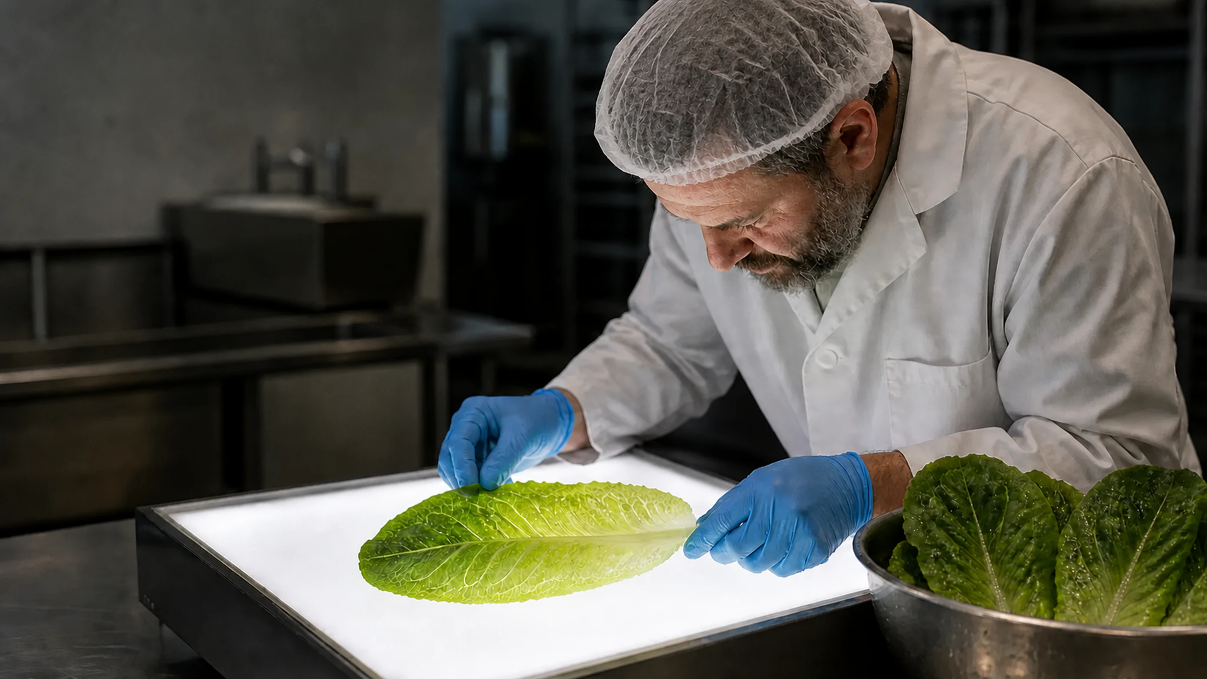 A mashgiach examines a romaine leaf against a backlit inspection box in a commercial kitchen.