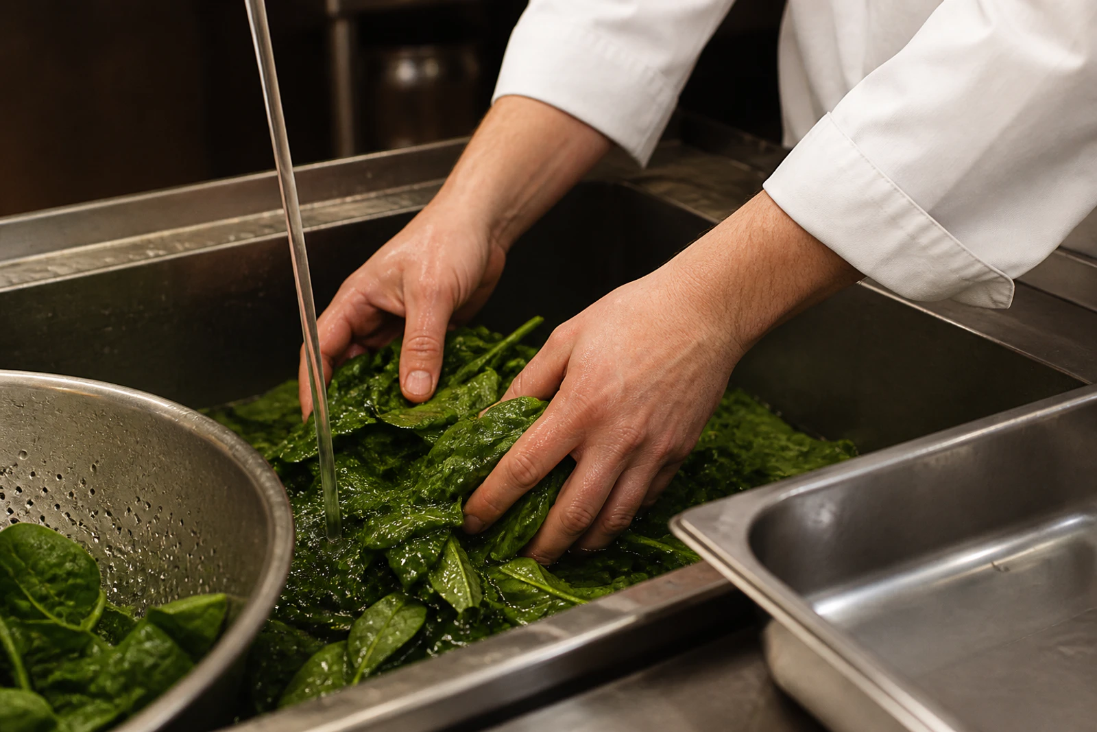 A prep cook's hands separate and wash fresh leafy greens in a deep stainless kitchen sink.
