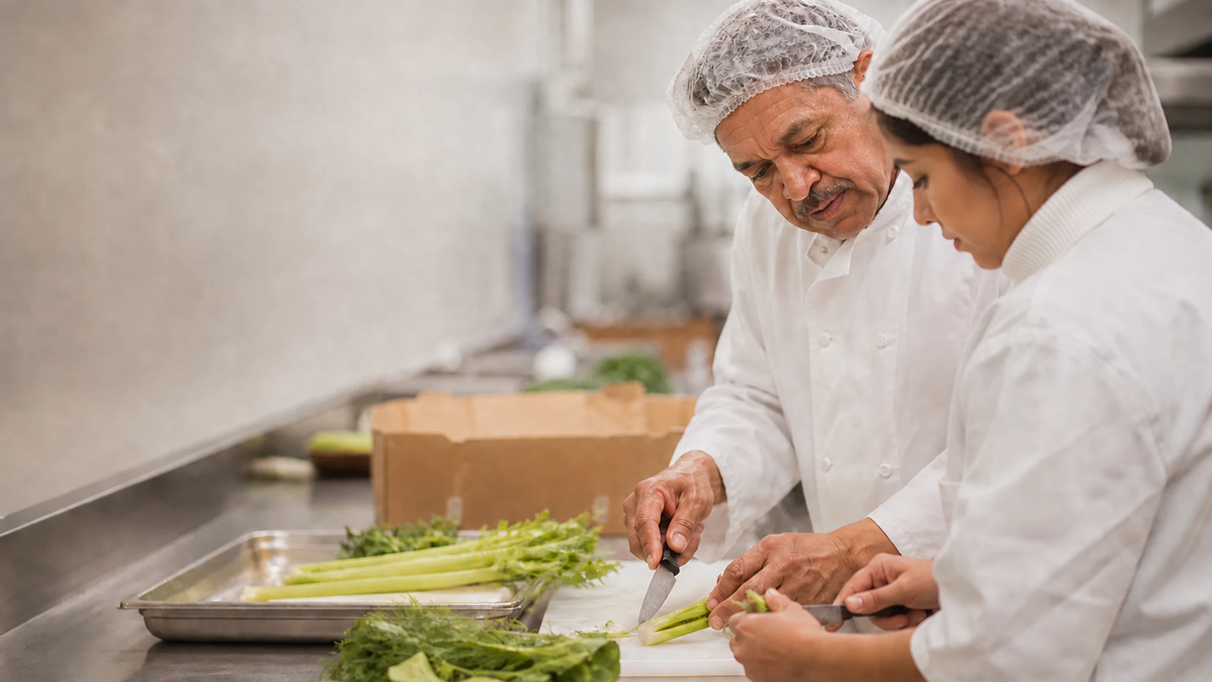 An experienced prep cook shows a colleague a trimming technique at the prep line of a commercial kitchen.