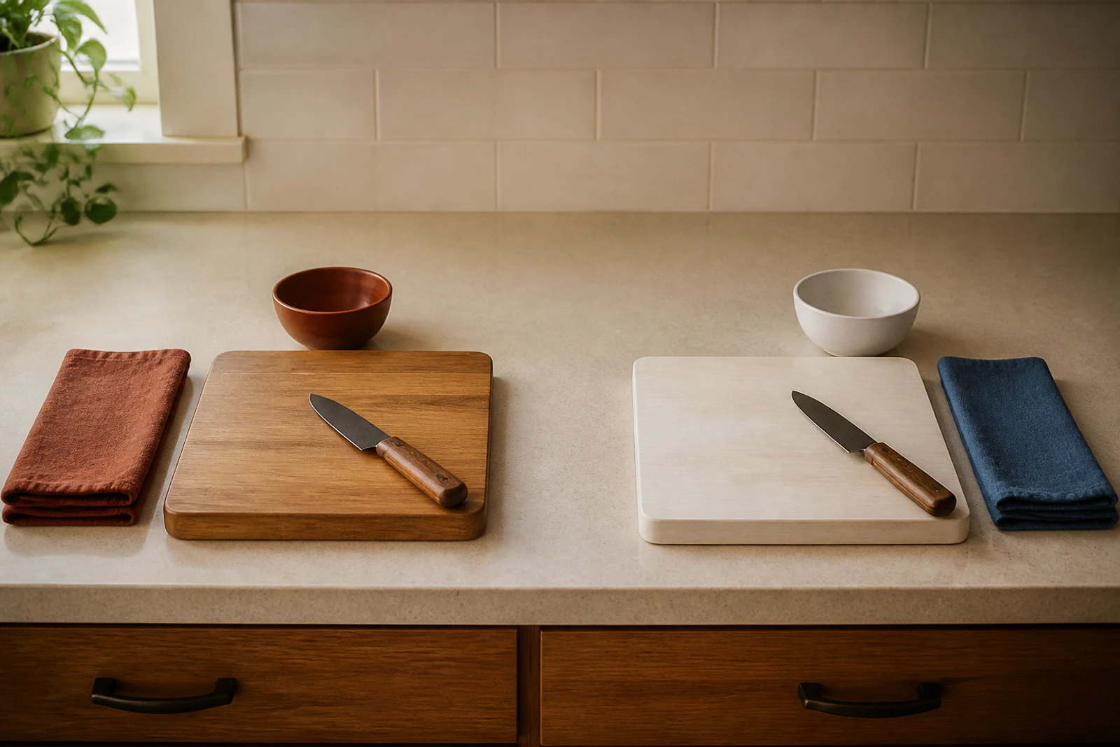 Two separate sets of cutting boards, knives and bowls kept apart on a home kitchen counter.