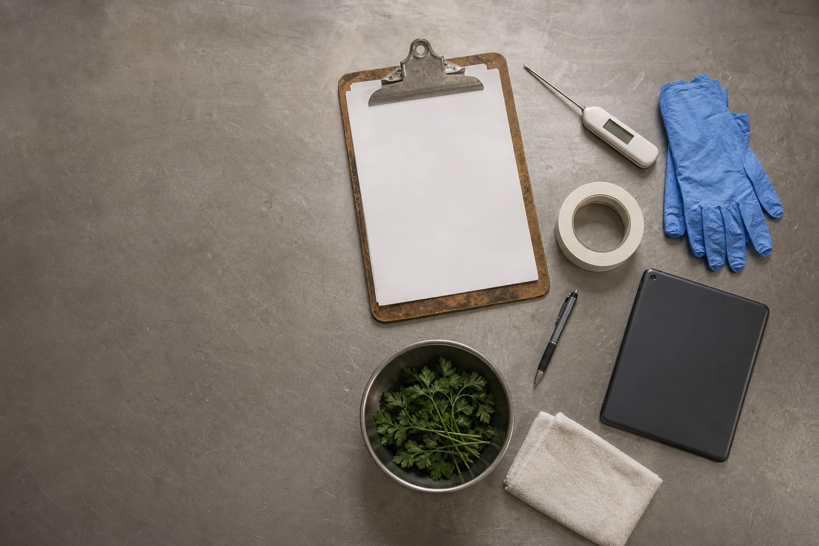 A kosher supervisor's working tools laid out on a stainless steel table: clipboard, thermometer, gloves and tablet.
