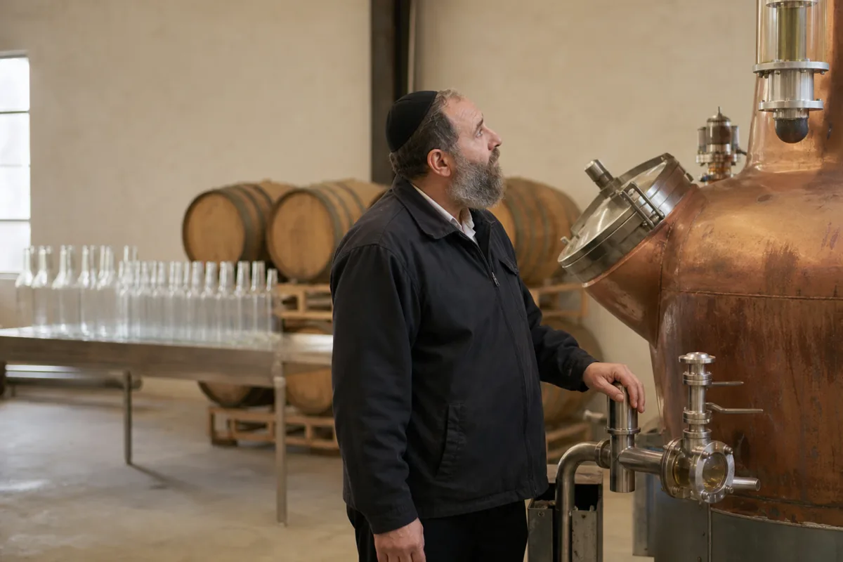 A mashgiach inspects a copper pot still on the floor of a working craft distillery.