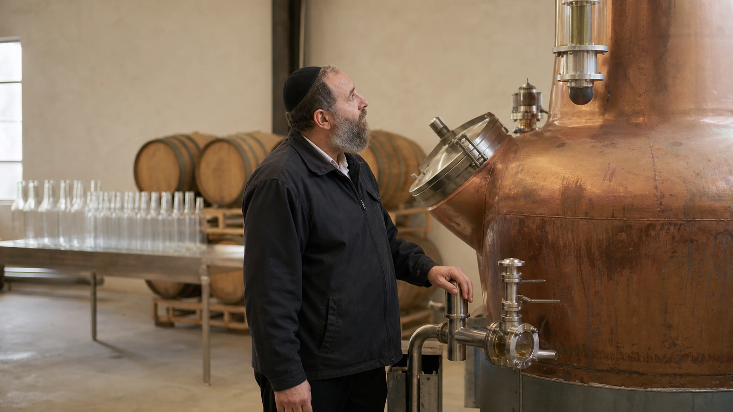 A mashgiach inspects a copper pot still on the floor of a working craft distillery.