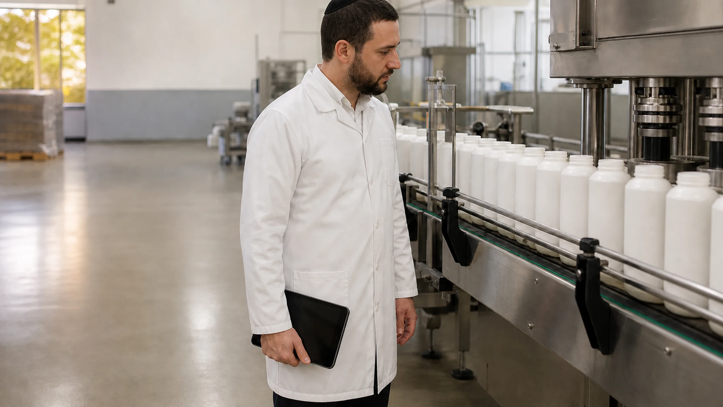 A mashgiach observes a running bottling line during a shift at a food packaging facility.