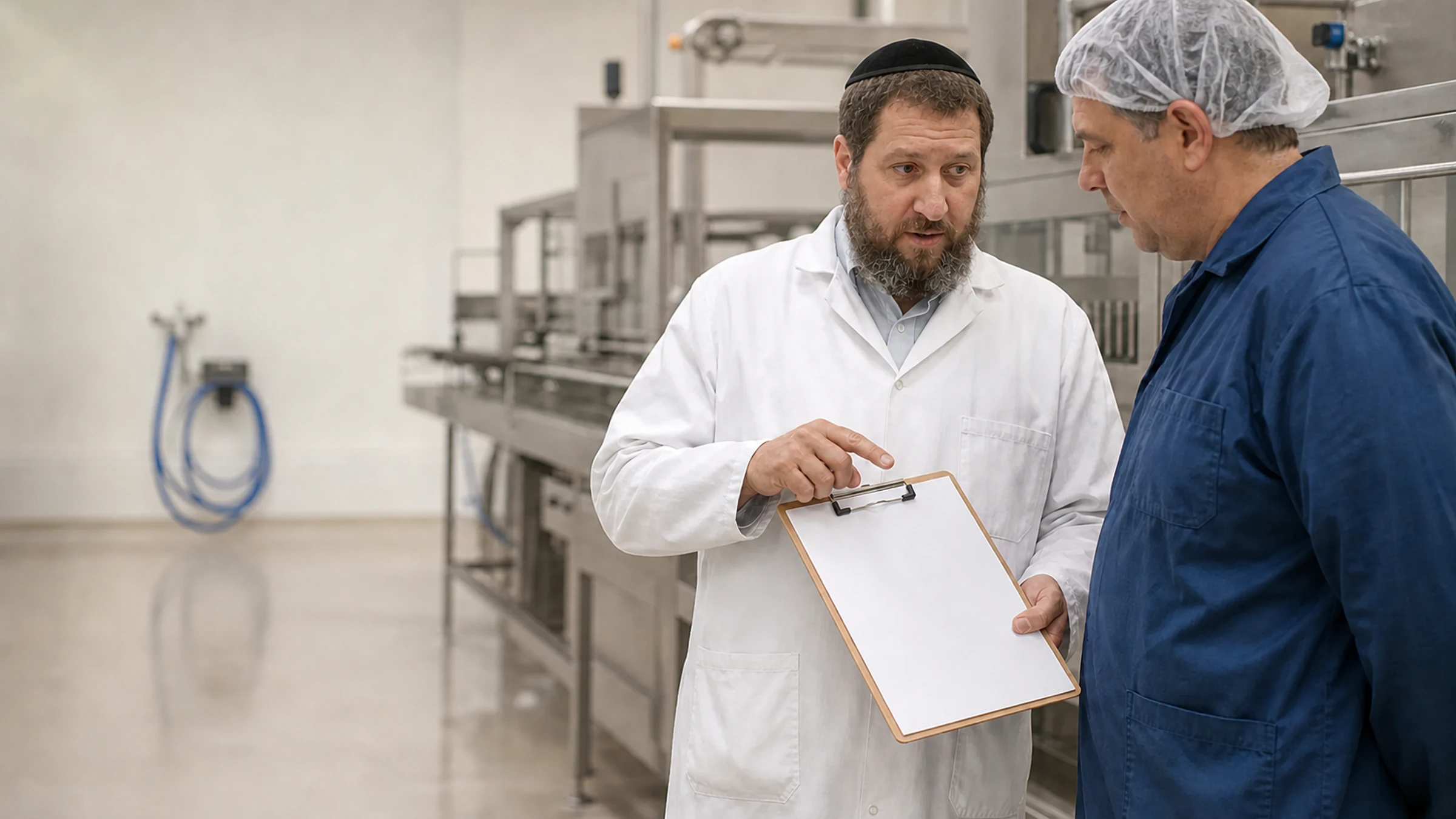 A mashgiach confirms the end of a production run with a plant supervisor at a food manufacturing facility.