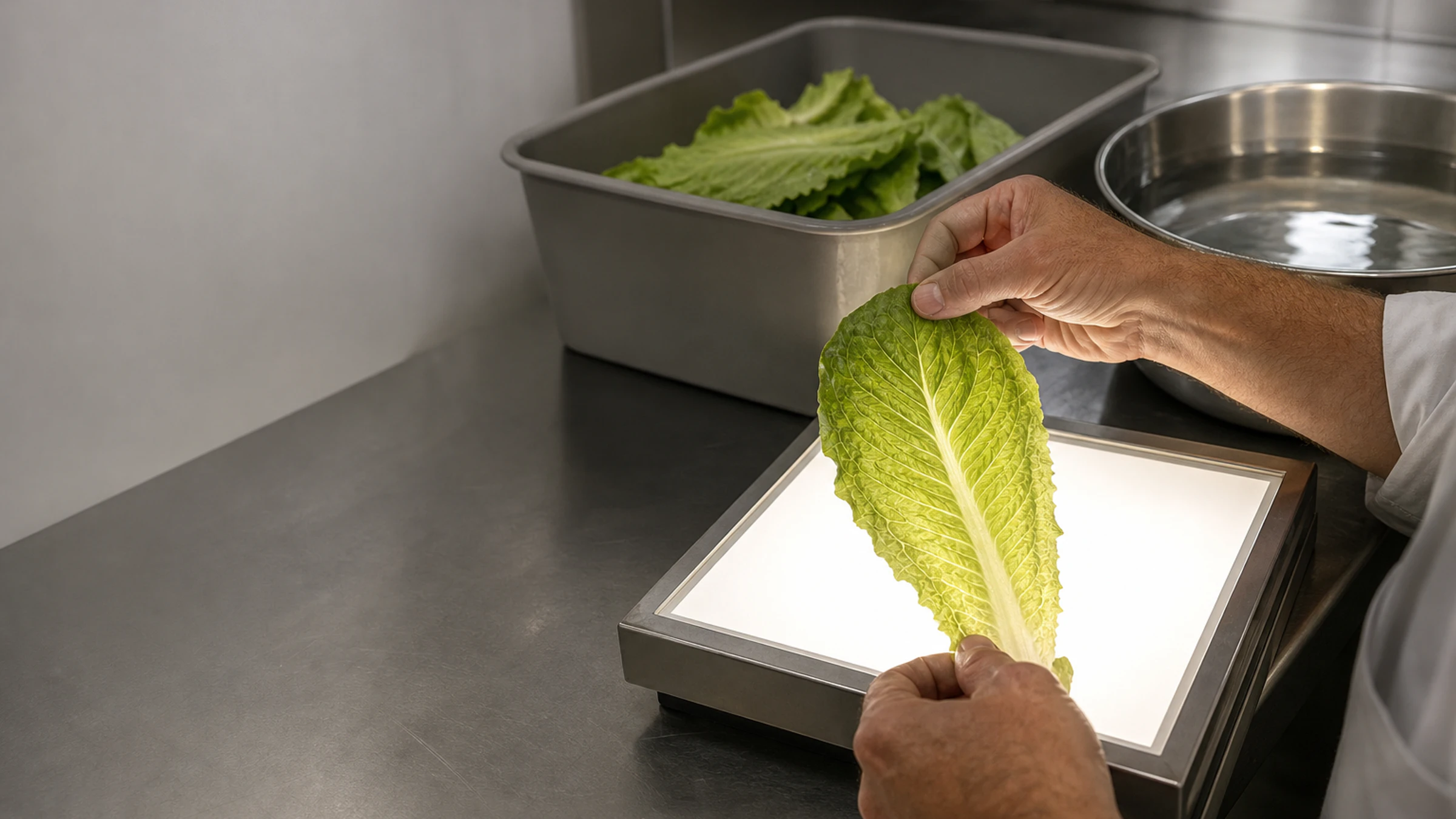 A mashgiach holds a leaf of romaine against a backlit inspection light box to check it for insects.