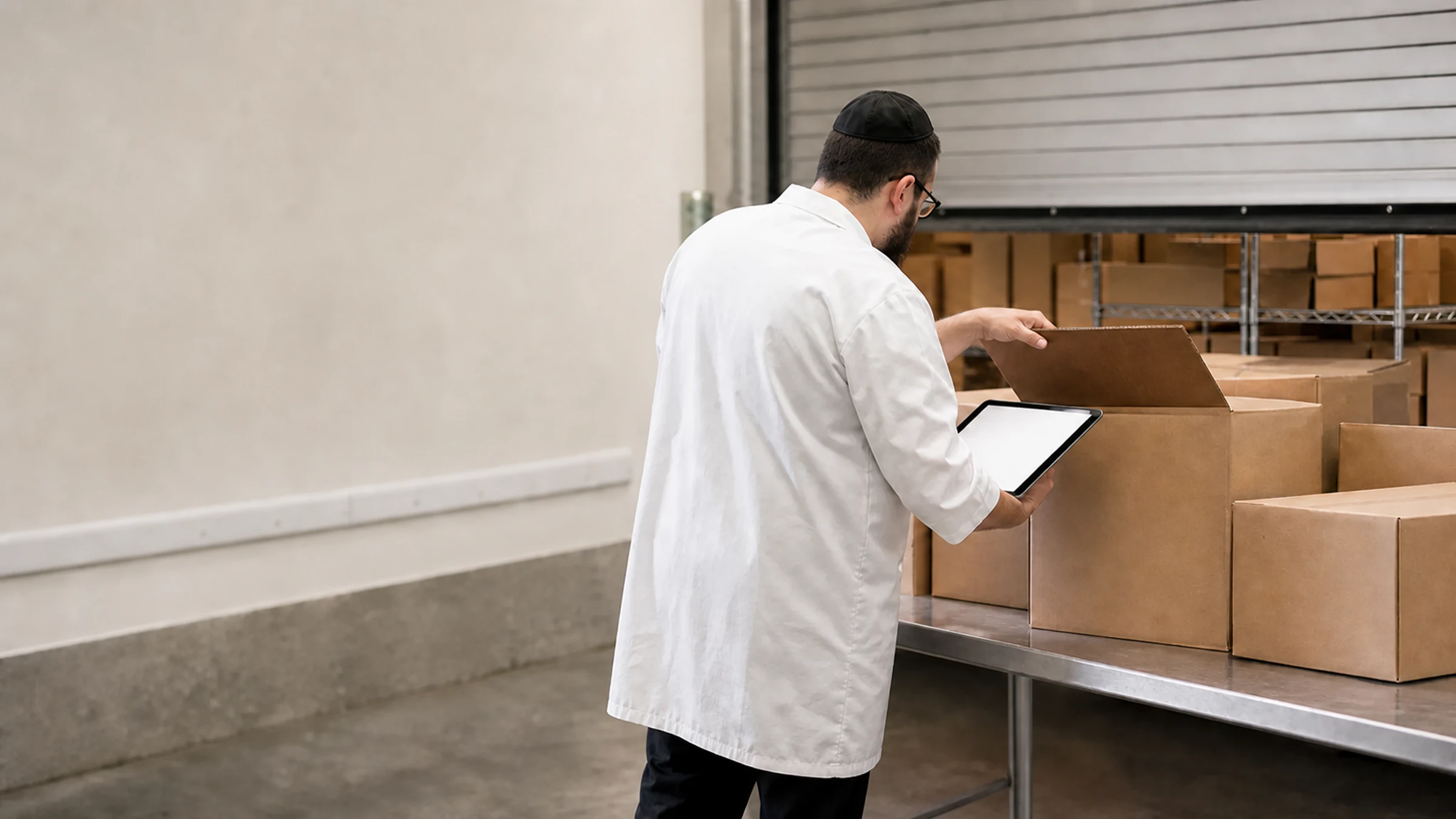 A mashgiach checks an incoming delivery against his tablet at the receiving door of a commercial kitchen.