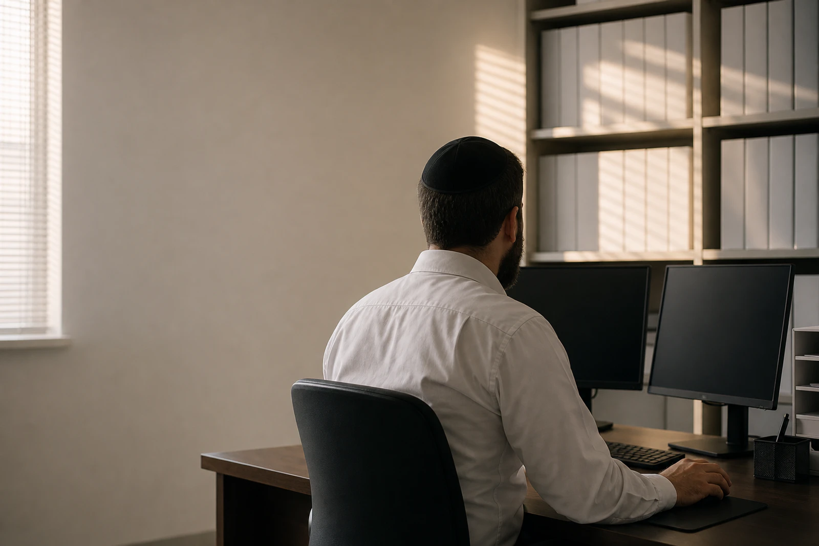 A rabbinic coordinator works at a two-monitor desk in a kosher certification agency office in early morning light.