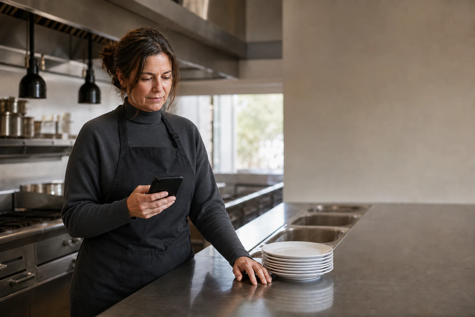 A restaurant manager checks a mashgiach's credentials on her phone at the pass of a quiet kitchen line.