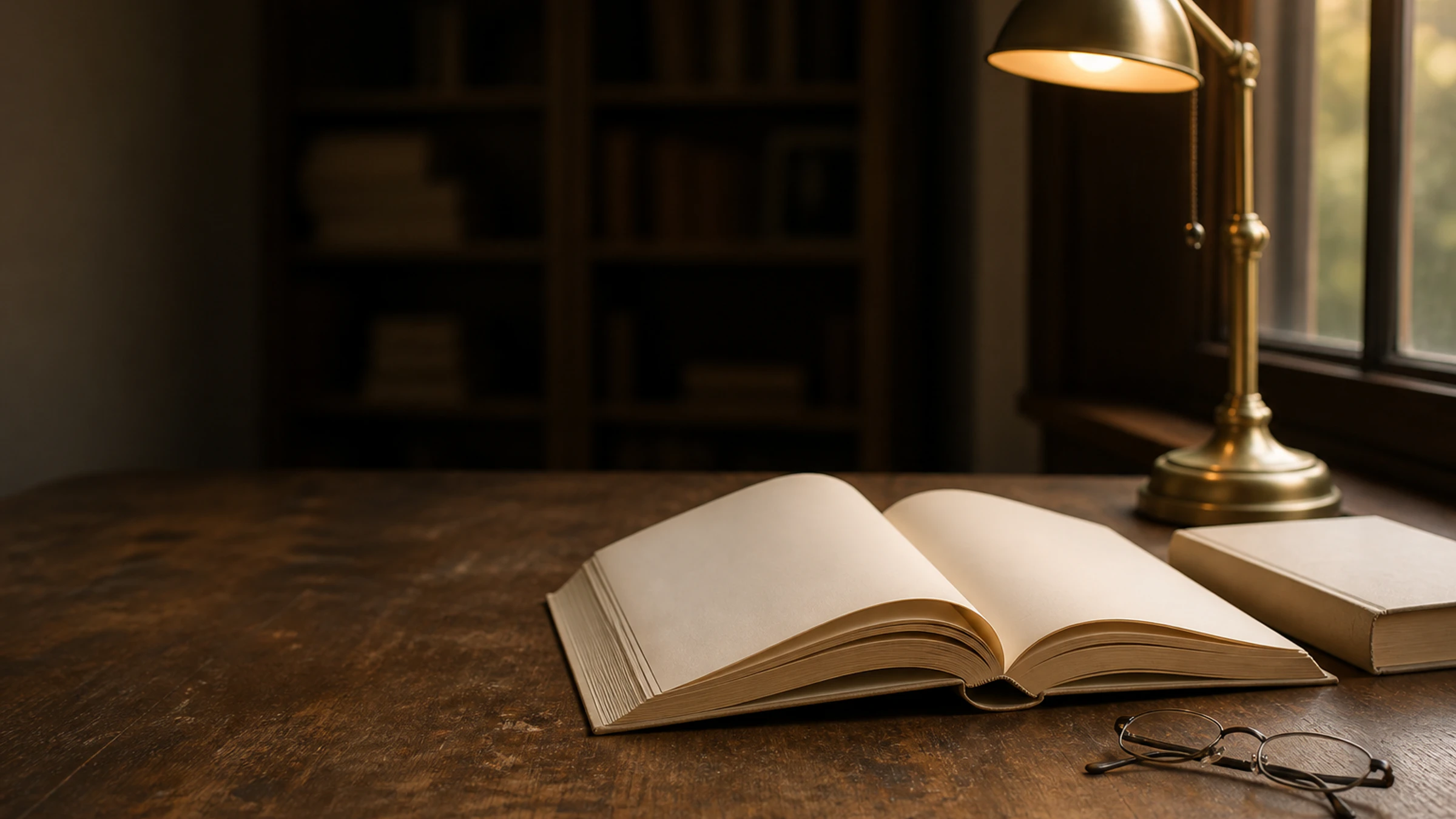 An open volume, reading glasses and a brass lamp on a worn wooden study table beside a sunlit window.