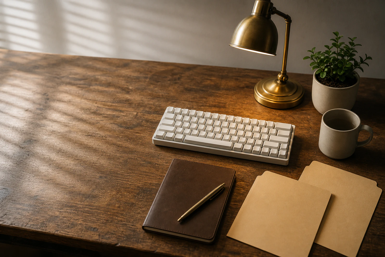 A tidy office desk with a keyboard, closed notebook, mug and brass lamp in soft morning light.