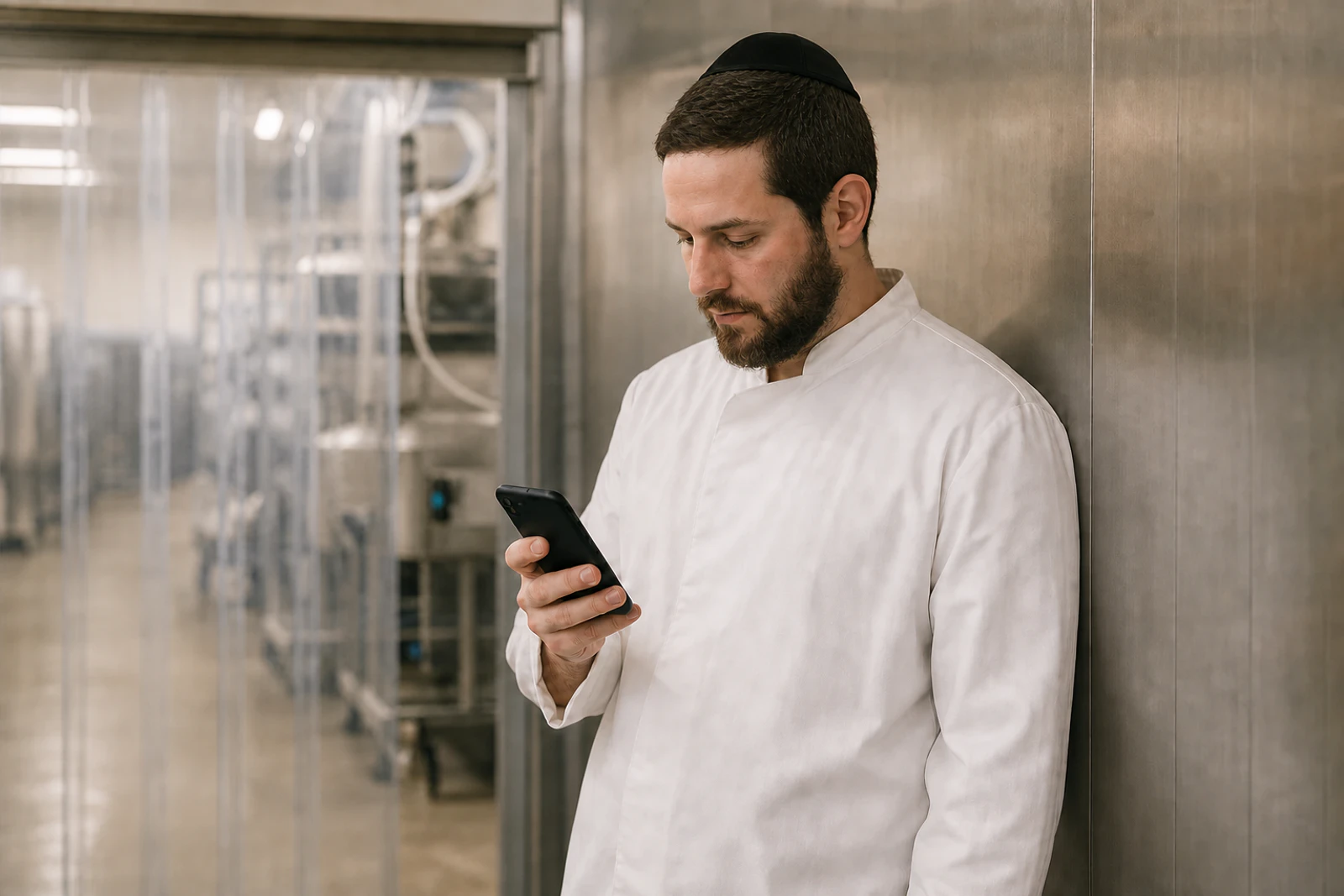 A mashgiach logs a report on his phone in the corridor outside a production room at a food facility.