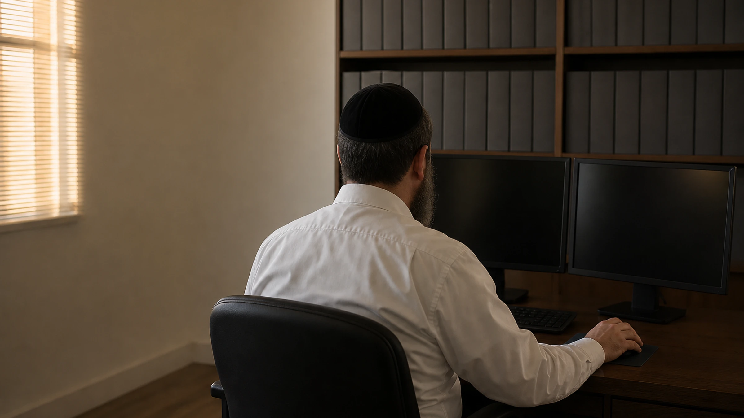 A rabbinic coordinator works at his desk in a kosher certification agency office in early morning light.
