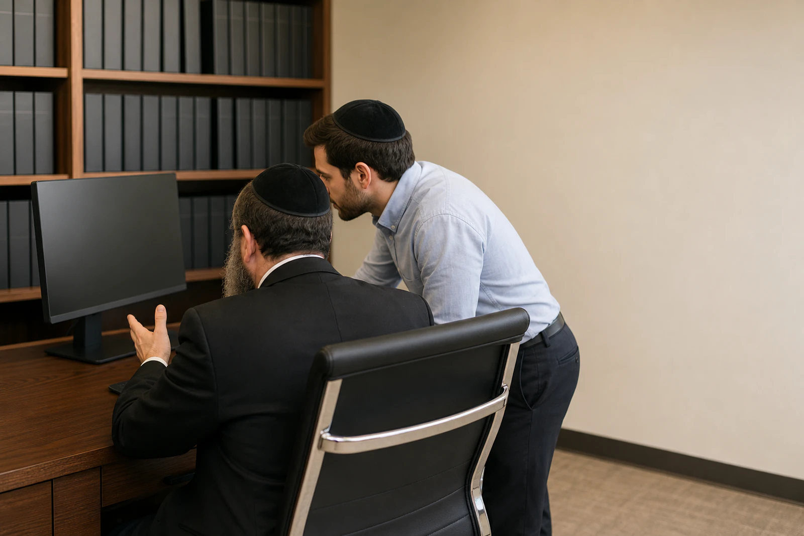 Two coordinators review agency records together at a desk in a kosher certification office.