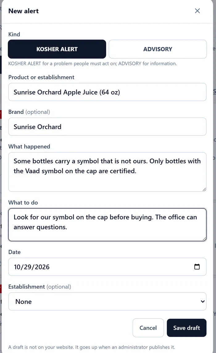 The New alert form in KIA OS, filled in for a Kosher Alert about a brand of apple juice.