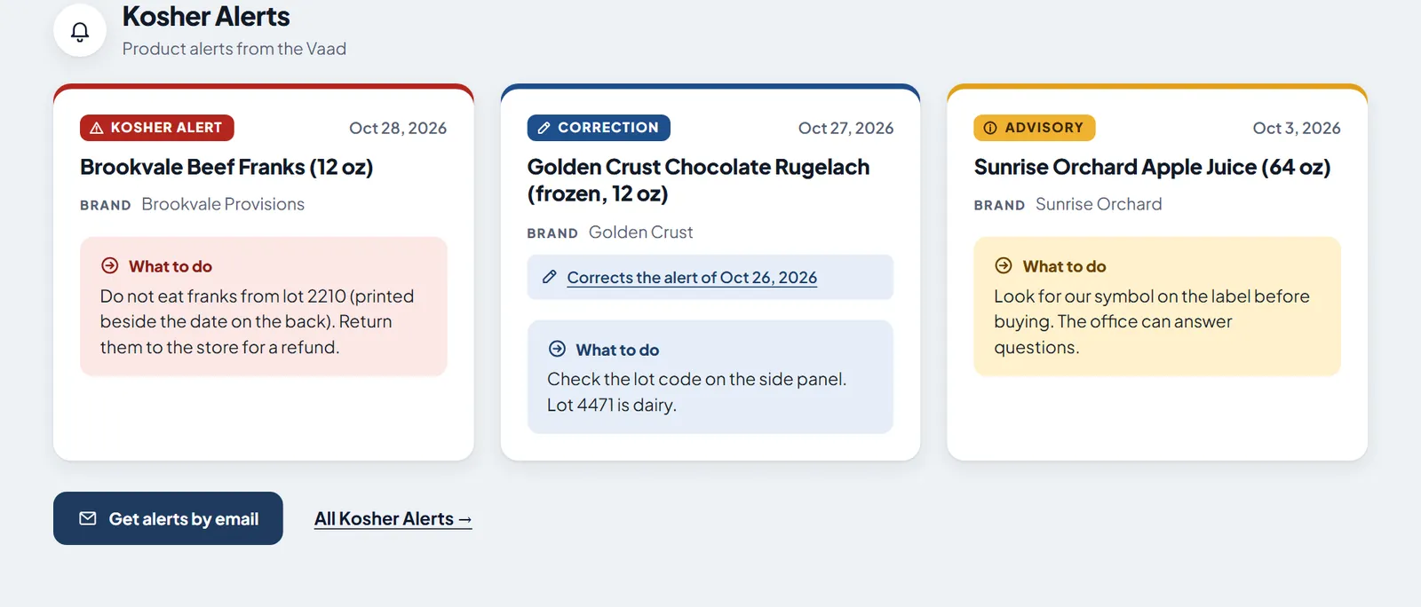 Three alerts on a sample agency’s home page: a red Kosher Alert, a blue correction and an amber advisory, each with what to do.