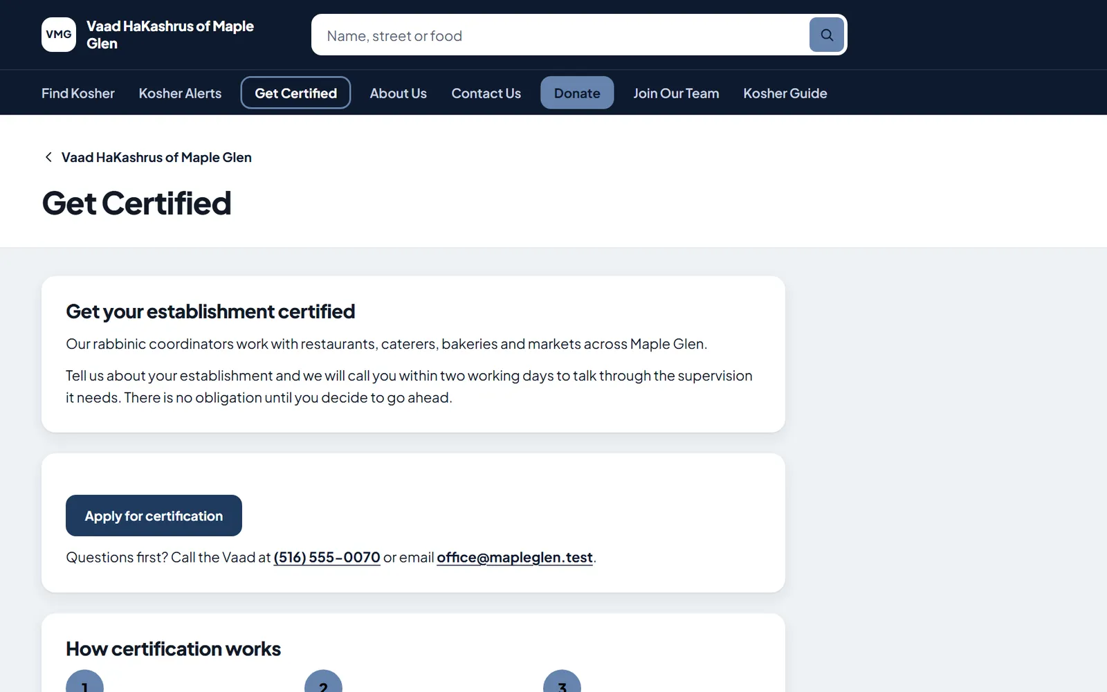 The Get Certified page of a sample agency’s website, with an Apply for certification button.