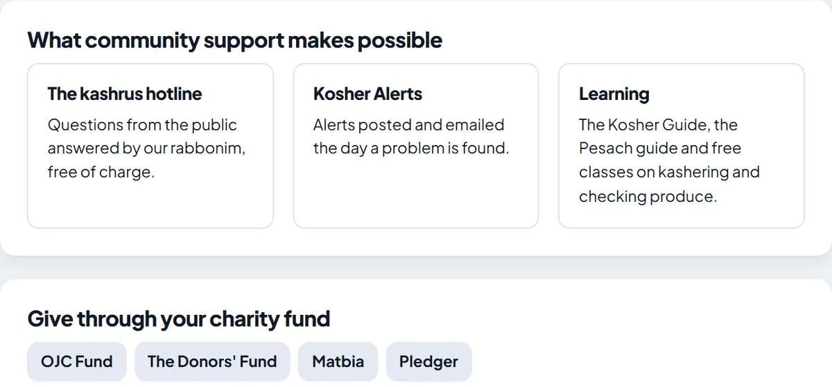 Part of a sample agency’s Donate page, with what community support pays for and buttons for four charity funds.