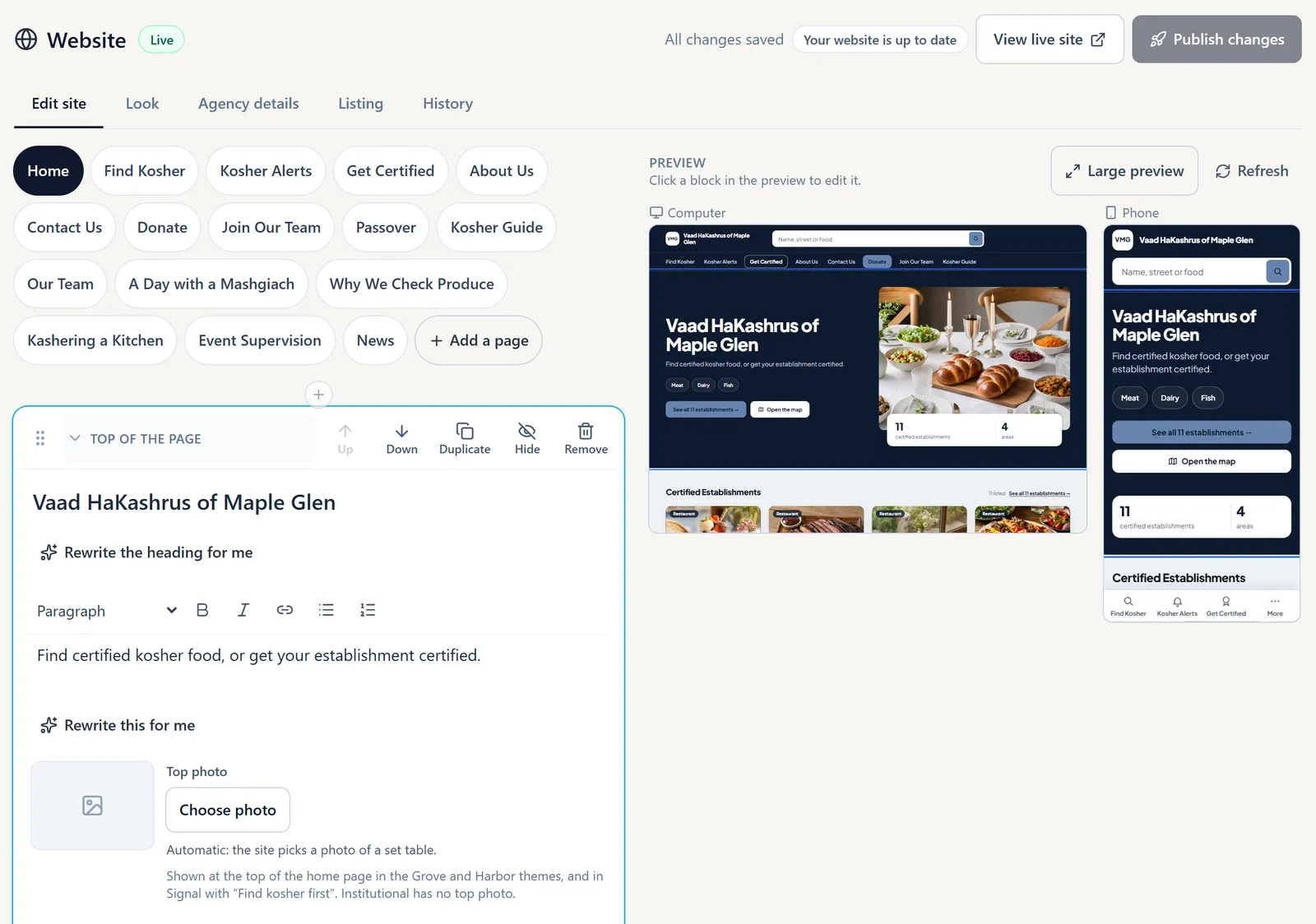 The website editor in KIA OS, with the home page’s top block open for editing beside computer and phone previews of the site.