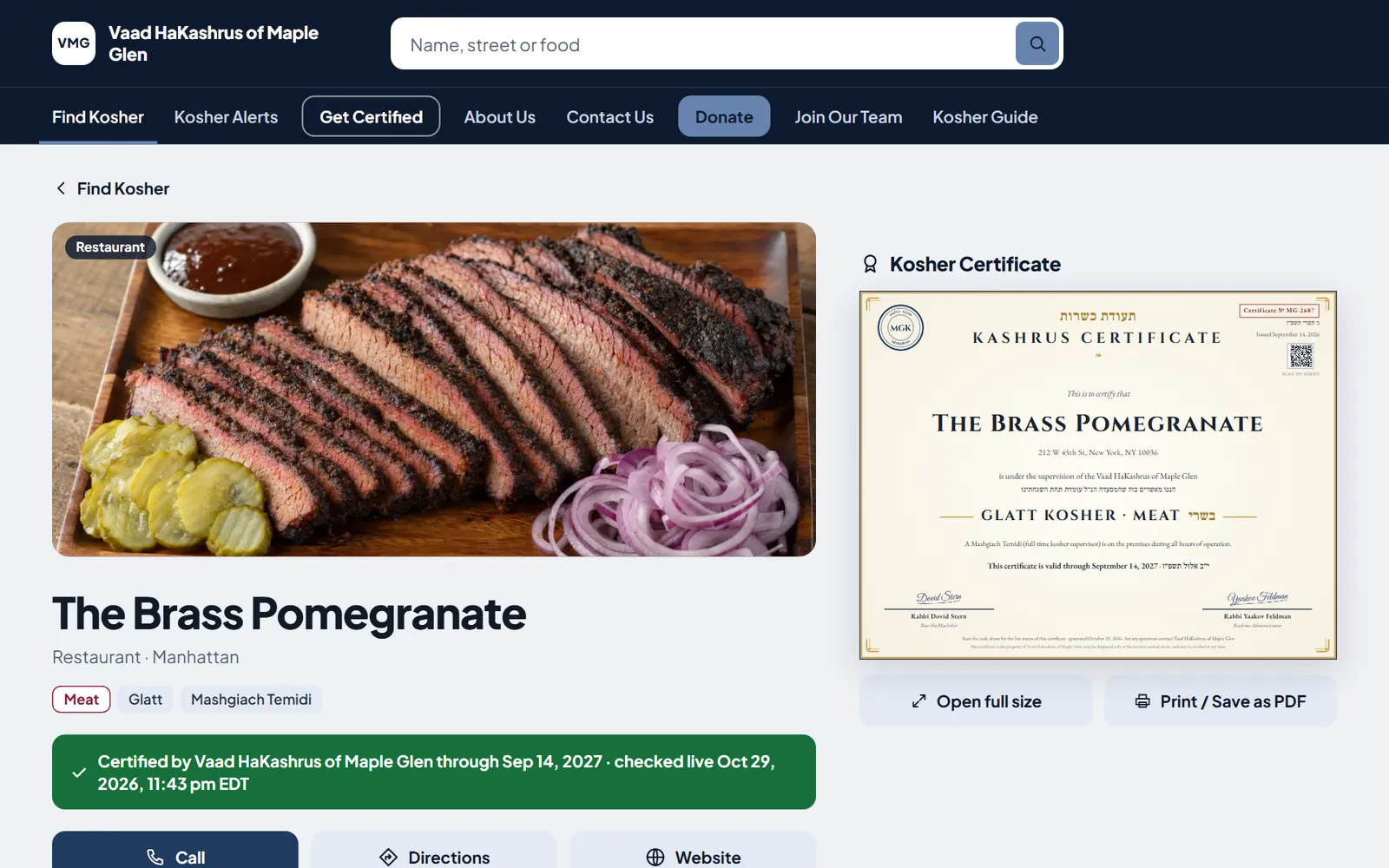 An establishment’s page on a sample agency’s website, with its photo, a green certified line and the agency’s signed certificate.