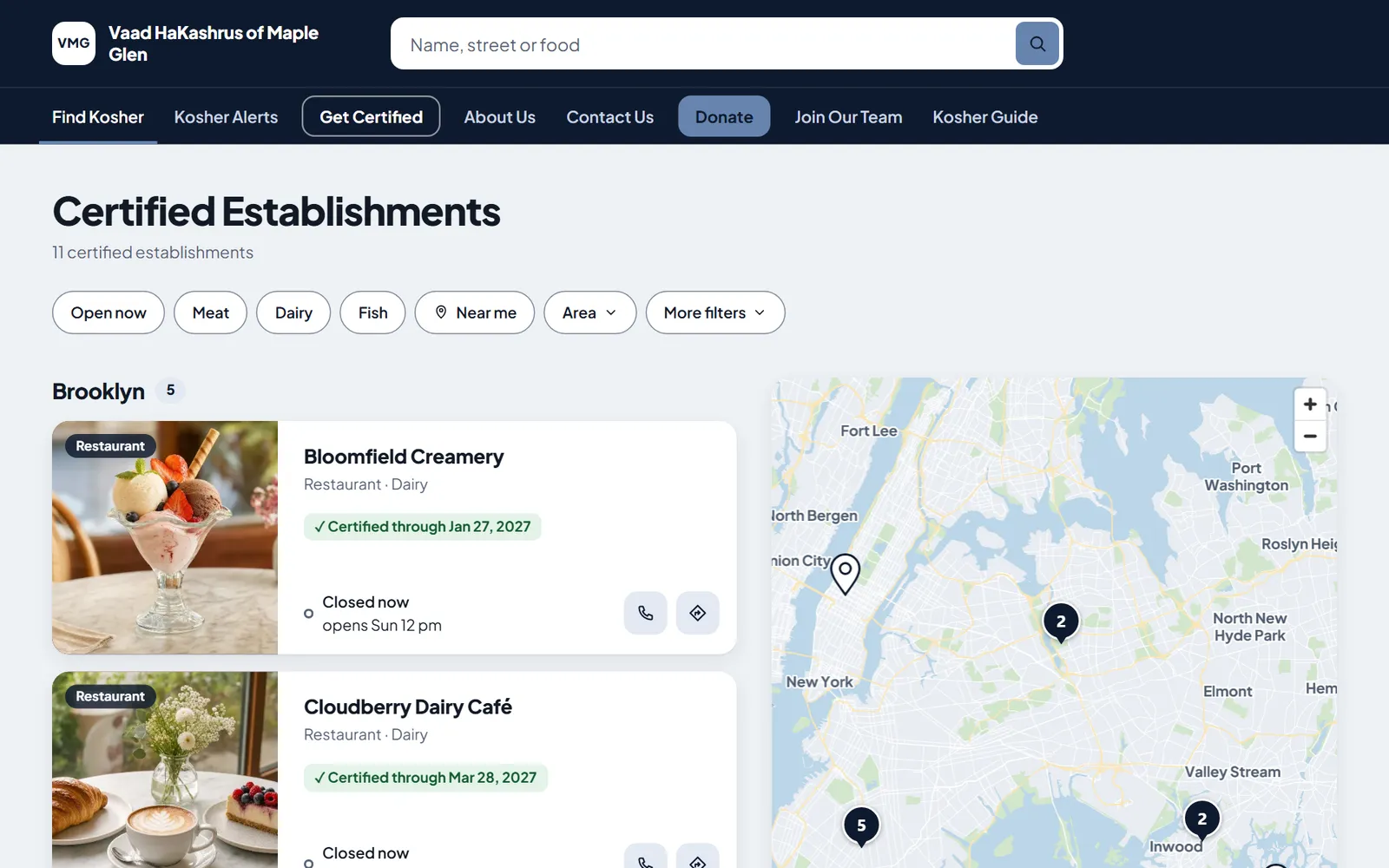 The Find Kosher page of a sample agency’s website, with filters across the top, establishment cards and a map.