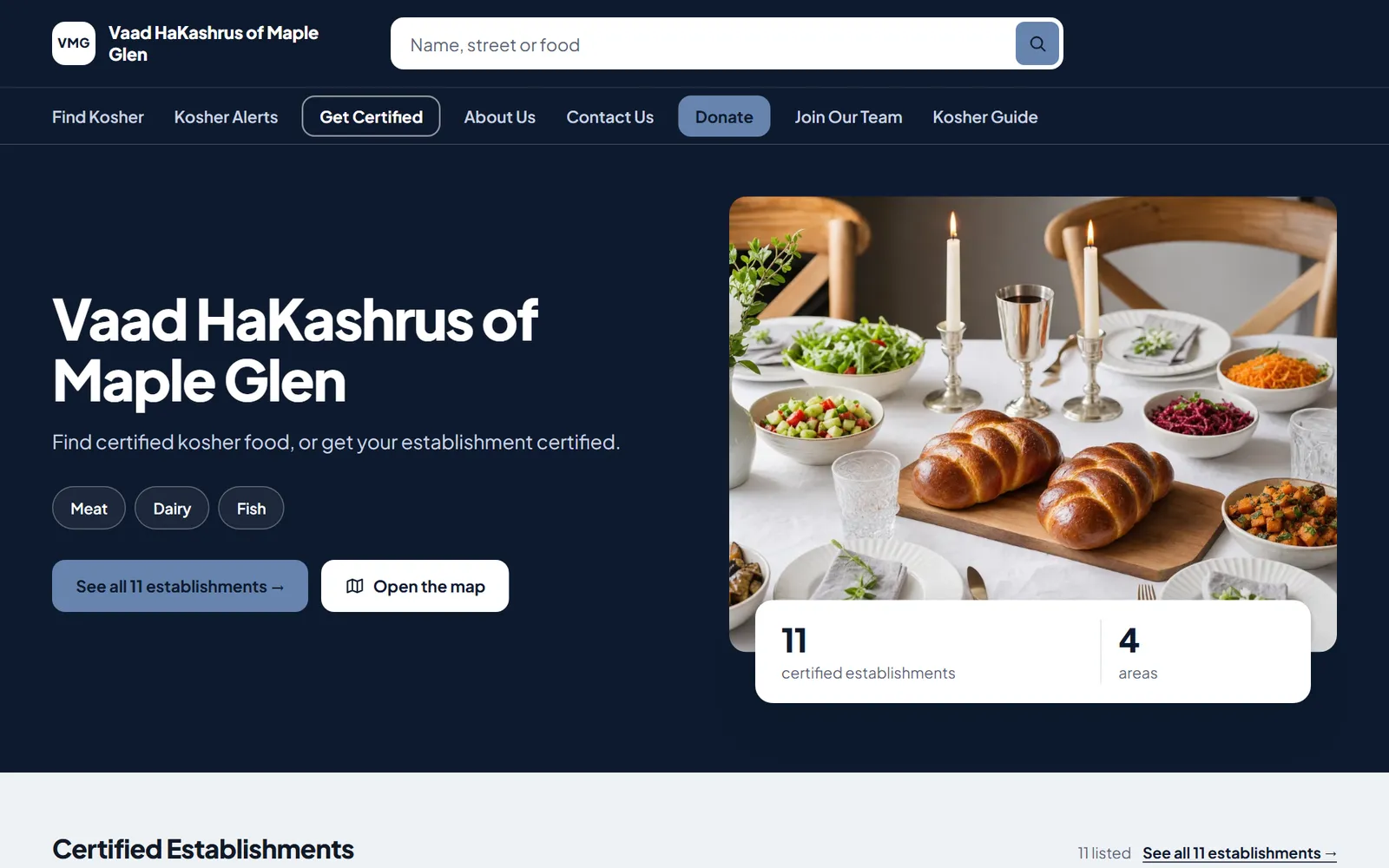 The home page of a sample agency’s website, with a search box, buttons for meat, dairy and fish, and a count of its certified establishments.
