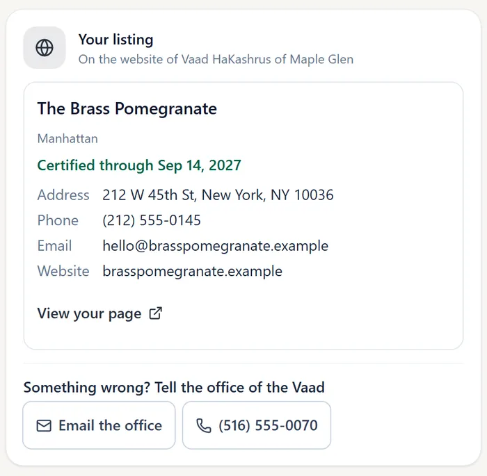 The Your listing card an establishment sees in KIA OS, with its name, the date its certificate runs through, its details and a link to its page.