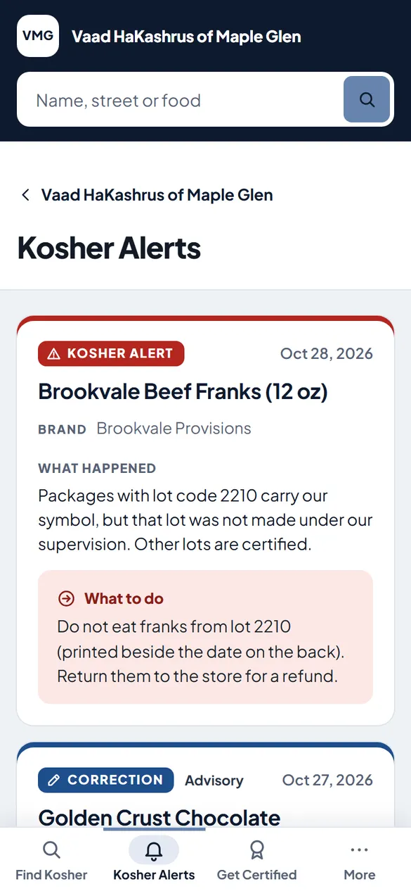 Kosher Alerts on a phone.