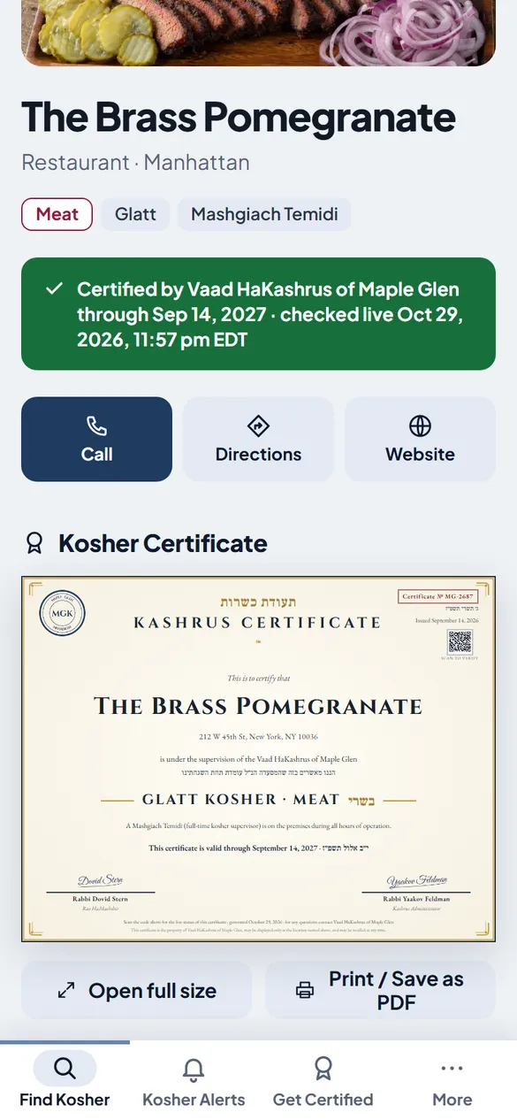 An establishment’s page on a phone, with its certificate.