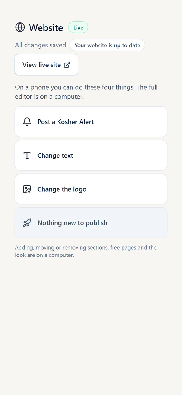 KIA OS on a phone, offering four website jobs: post a Kosher Alert, change text, change the logo and publish.