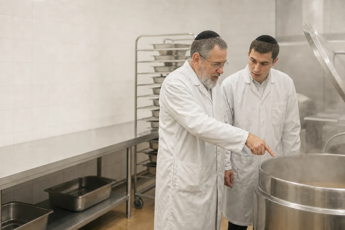 An experienced mashgiach explains a cooking process at a steam kettle to a trainee in a production kitchen.
