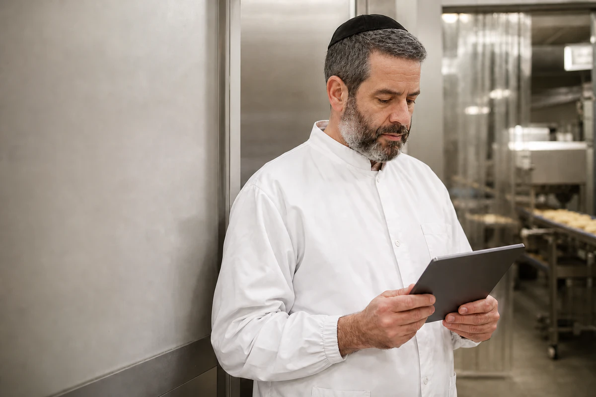 An experienced mashgiach reviews course material on a tablet between tasks at a food production facility.