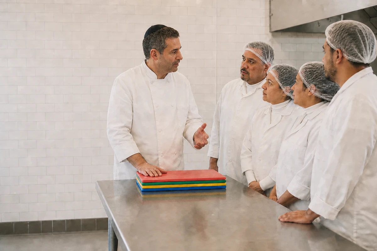 A trainer walks a commercial kitchen team through colour-coded equipment at a stainless prep table before service.
