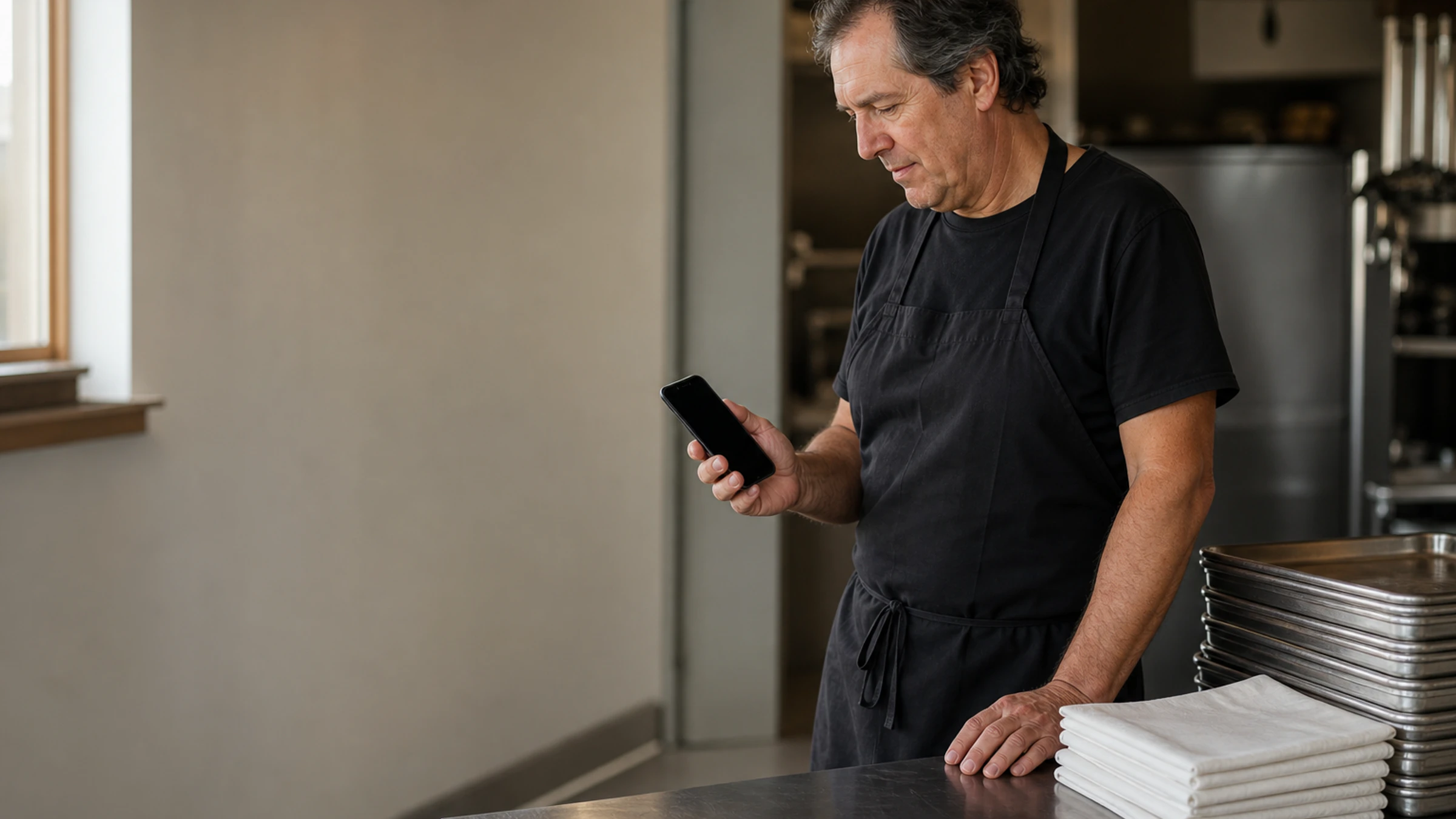 A catering owner checks a supervisor's credentials on his phone in a quiet kitchen before an event.